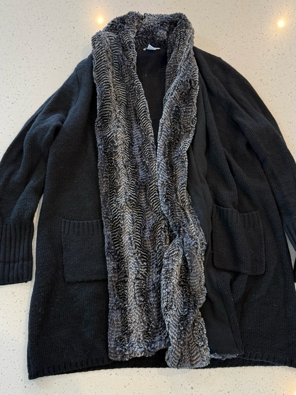 XL Soft Surroundings Beaumont Faux Fur Black Open Front Cardigan Knit Wool Top S